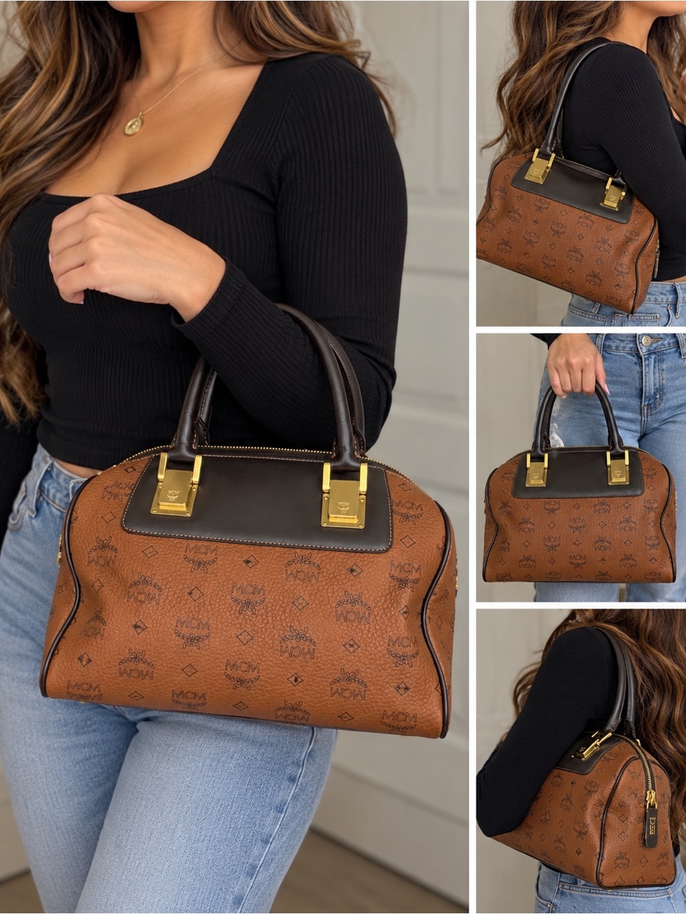 Vintage MCM Visetos Boston Satchel Bag Brown Black Leather Gold Hardware